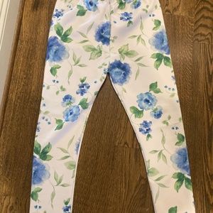 Lbisse Leggings Size Large - White w/ Blue & Green Watercolor Flower Pattern